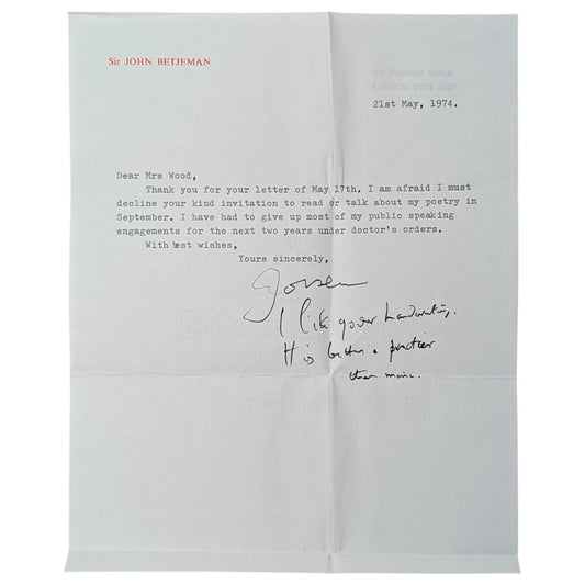 1974 Typed Letter Signed by Sir John Betjeman