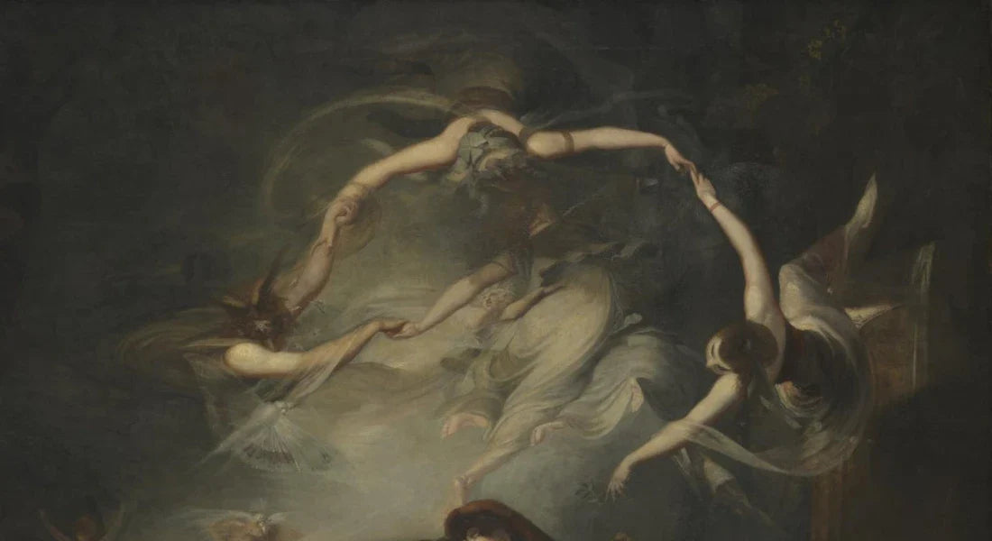 Henry Fuseli’s The Shepherd’s Dream (1793), inspired by Paradise Lost, depicting a dreamlike circle of spirits above a sleeping figure, used as the cover image for the Fiction Collection at Sancho’s Rare Books.
