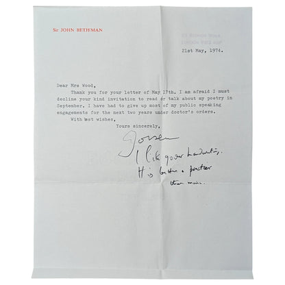 1974 Typed Letter Signed by Sir John Betjeman