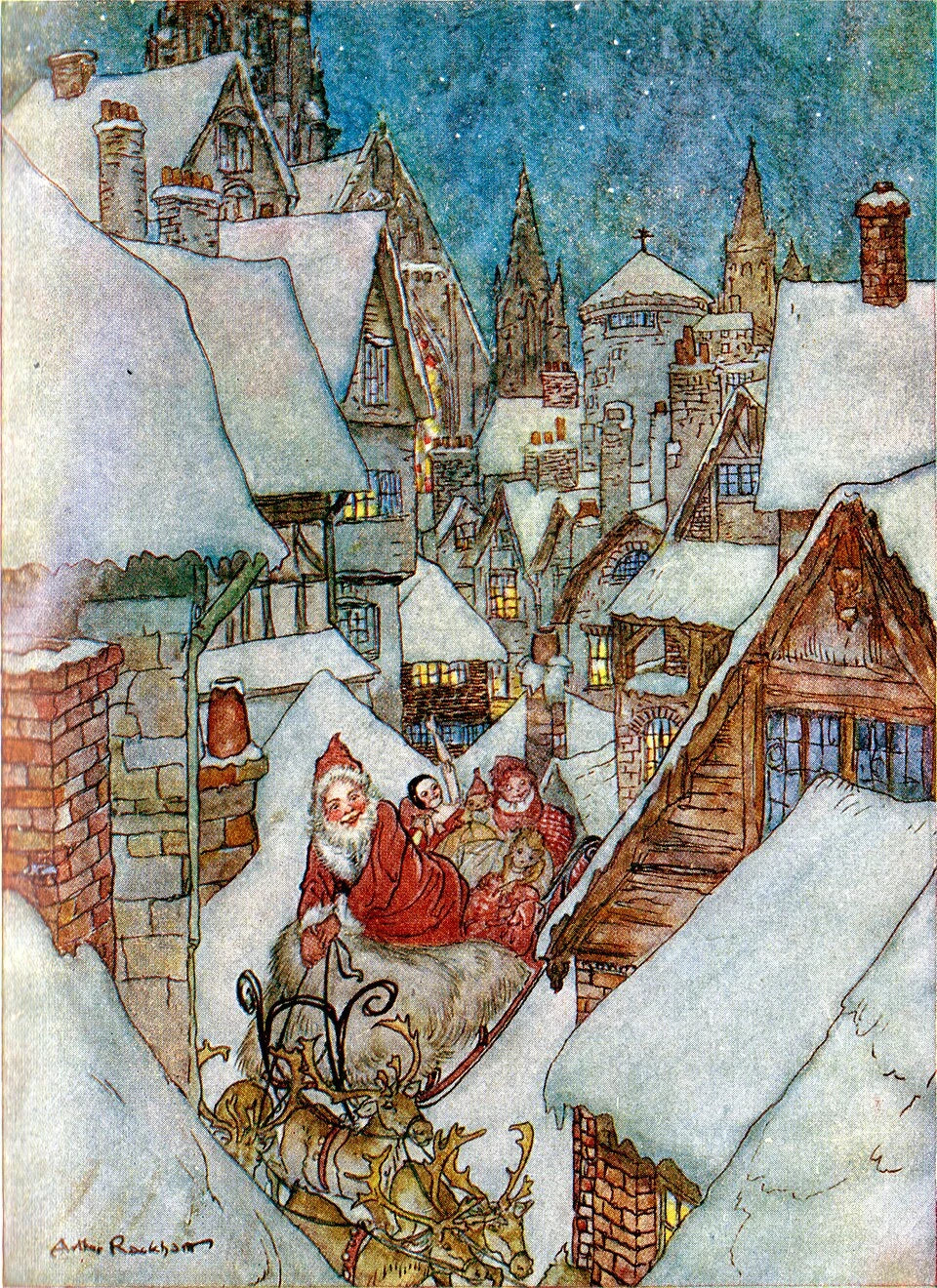 Illustration by Arthur Rackham showing Santa Claus in a sleigh pulled by reindeer flying over a snow-covered village at night. Tall, pointed rooftops and chimneys line the scene, with warm yellow lights glowing from the windows. Santa, dressed in red, looks back cheerfully while holding presents as snow blankets the entire town. Used as a banner for Sancho's Rare Books website.