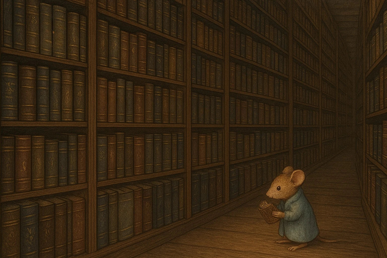 A cozy, sepia-toned illustration of a small mouse in a blue coat reading a book in a vast, warmly lit antique library lined with towering shelves of classic leather-bound volumes.